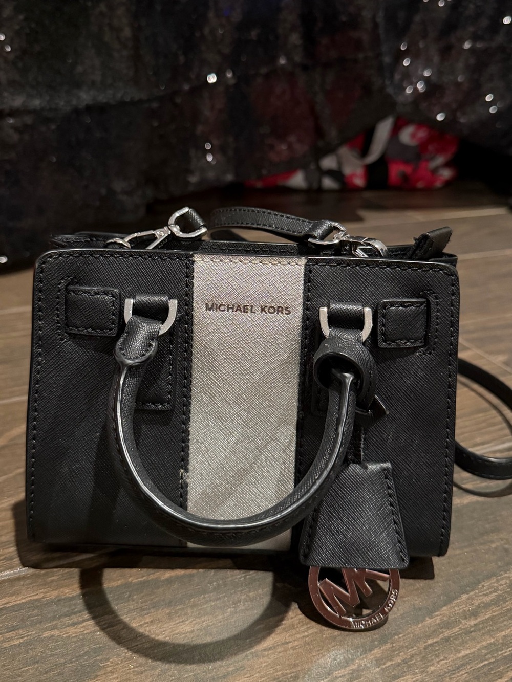 Michael Kors Black and Silver Stripe Mini Satchel with Logo Charm